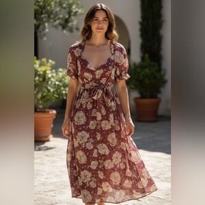 Blue Pepper Cottagecore Floral Midi Dress Puff Sleeve Smocked Back NWT M